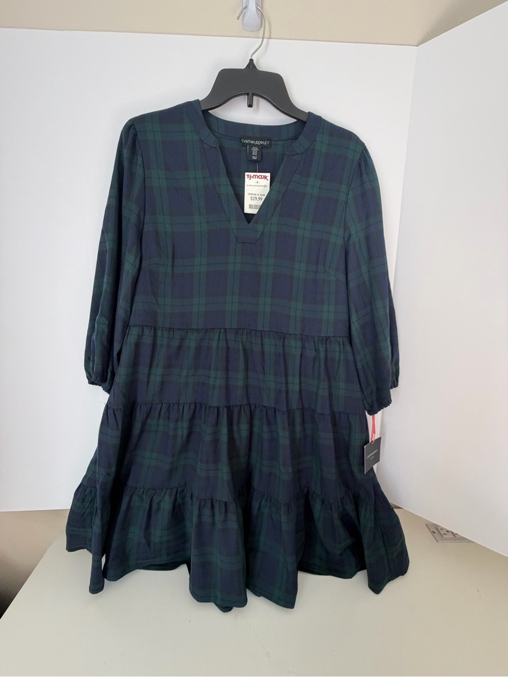 Cynthia Rowley Navy & Green Plaid Tiered Dress